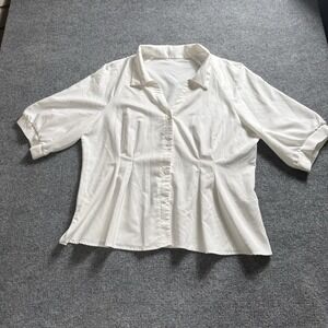 Womens White Puff Short Sleeve Pleated Button Down Blouse Top Smart Casual 3X